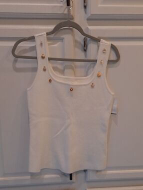LC Lauren Conrad White Knit Square-Neck Tank w/Gold Shell Accents NWT